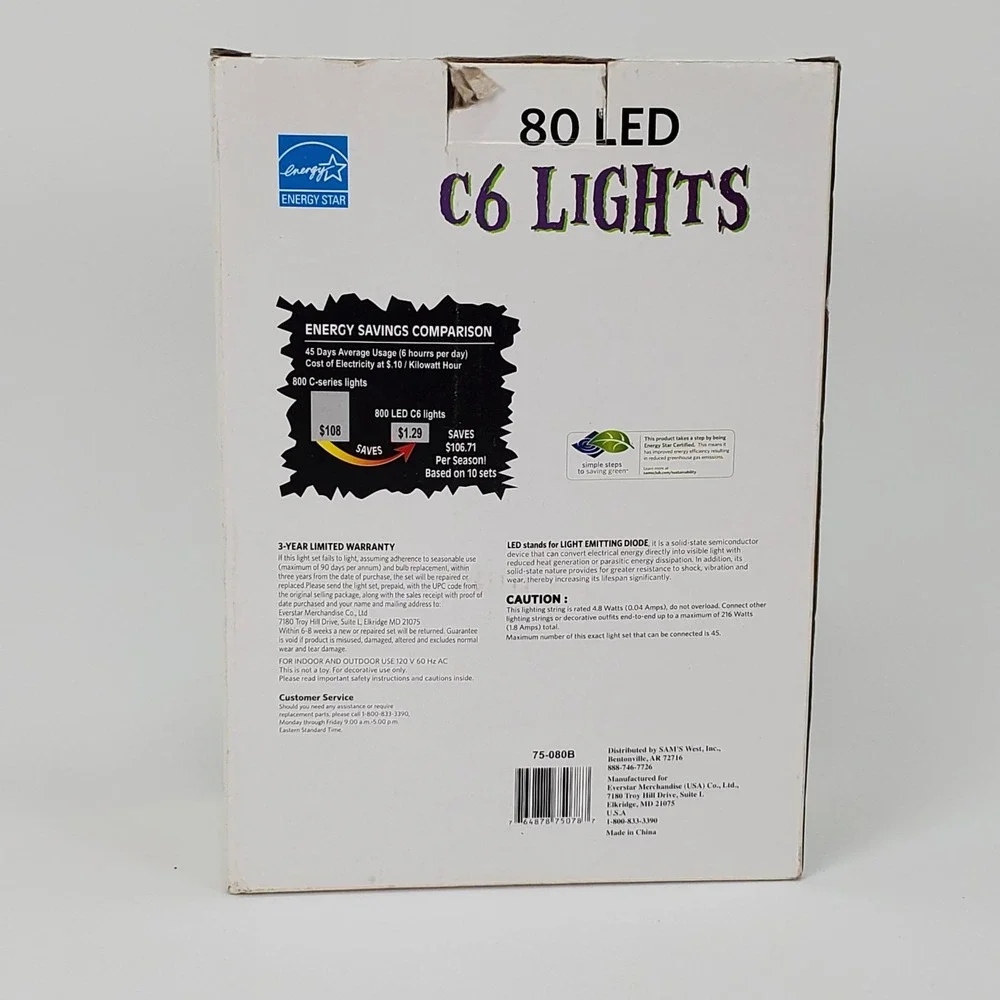 Everstar 80 LED C6 Purple String Lights Indoor Outdoor Halloween 20ft 75-080B